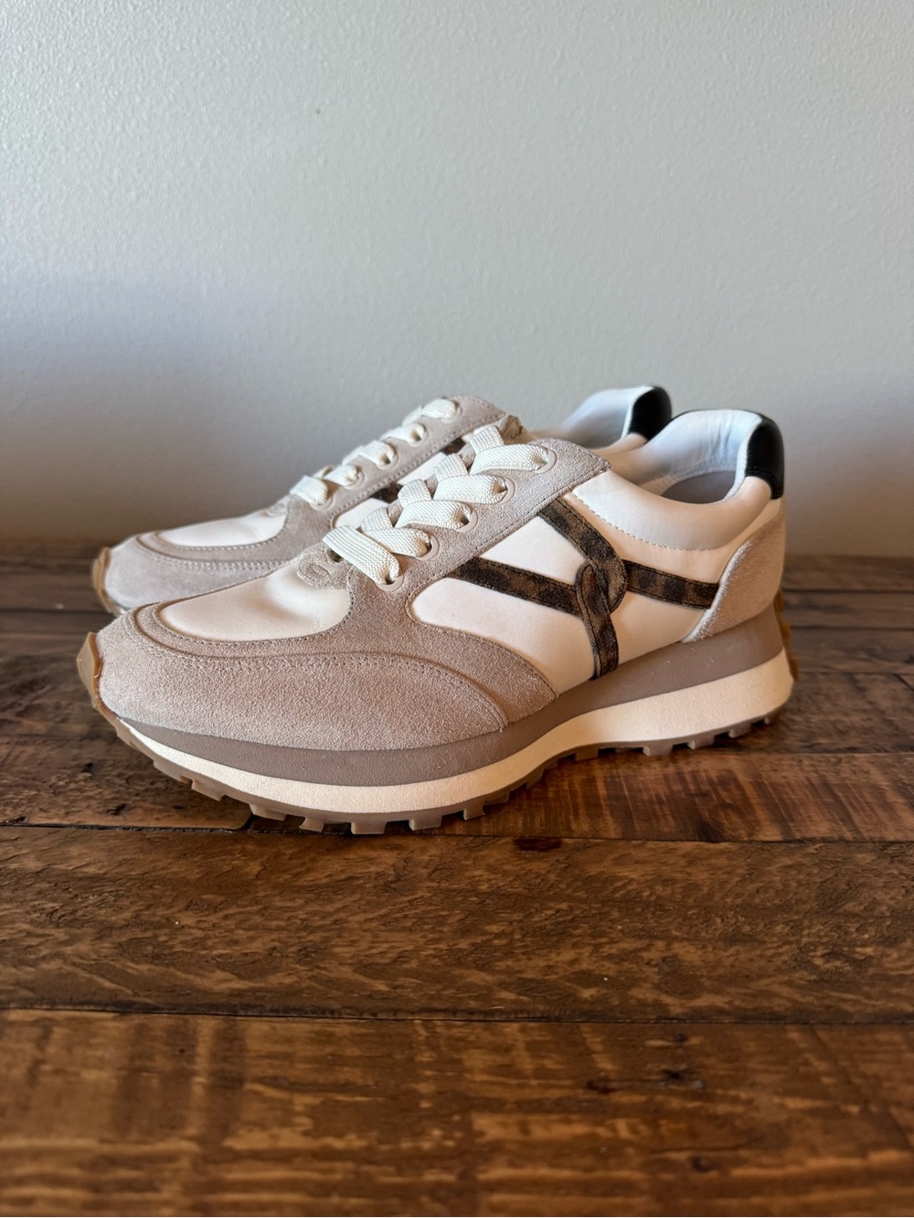 Veronica Beard Valentina Beige, White & Brown Suede Leopard-Accent Sneakers - Picture 5 of 13